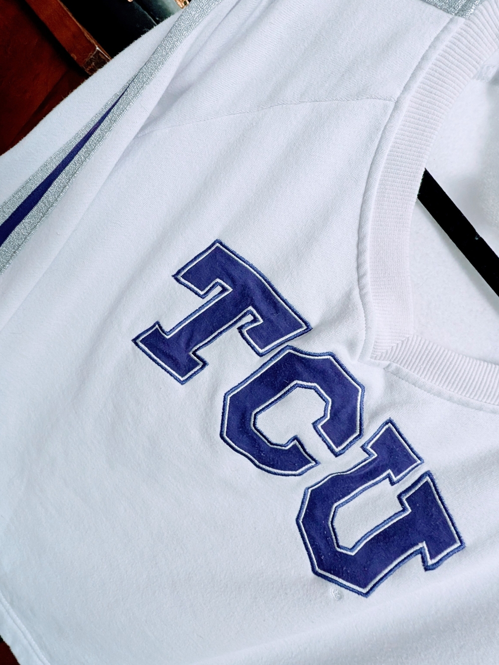 TCU Colosseum White V-Neck Sweater with Purple Lettering